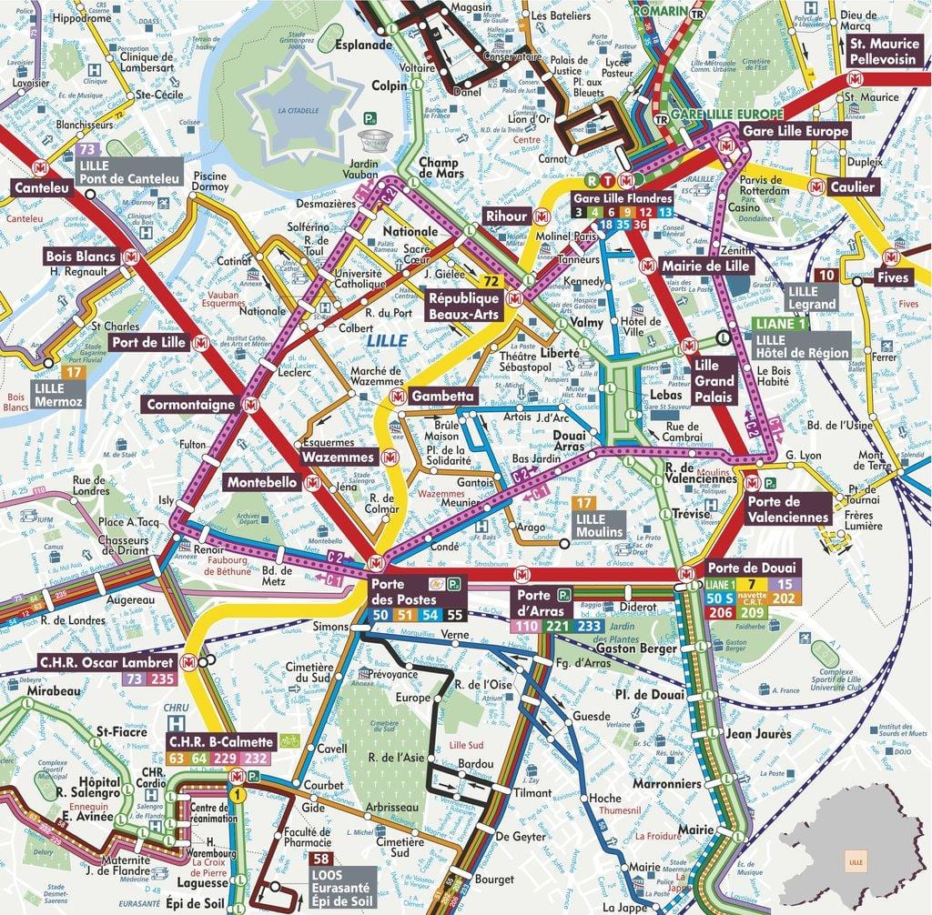 mapa de rua de Lille, frança